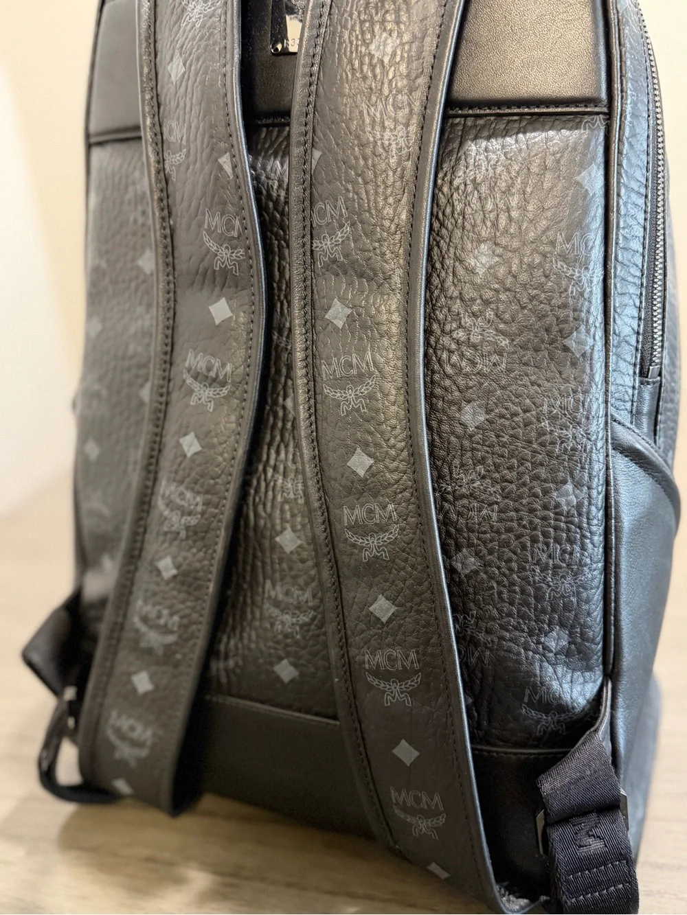 MCM Black Monogram Textured Leather Backpack